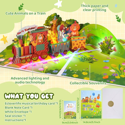 Animal Train Music & Lights Pop-Up Birthday Card