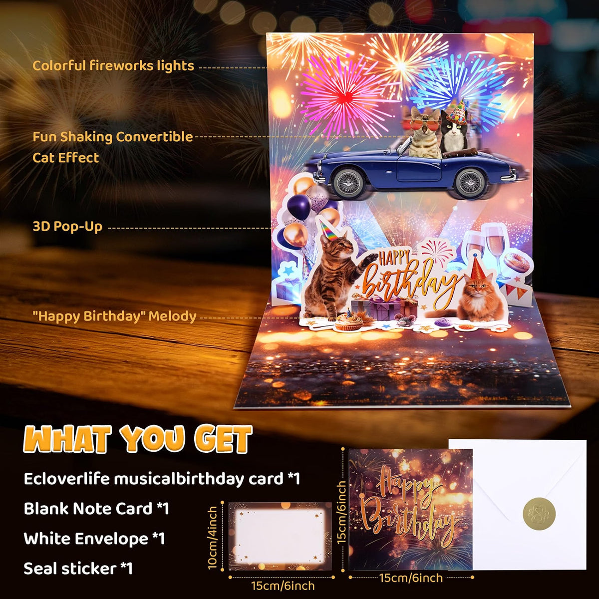 Cat Convertible Firework Shaking Music & Lights Pop-Up Birthday Card