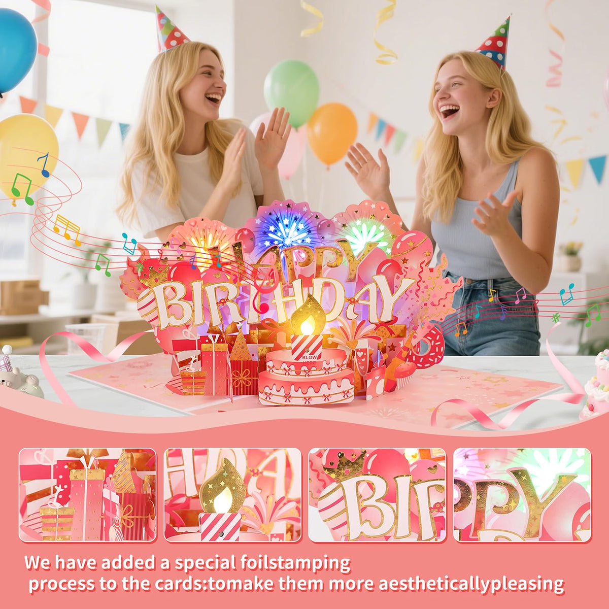 Fireworks & Cake Blow-to-Celebrate Music & Lights Pop-Up Birthday Card