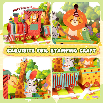 Animal Train Music & Lights Pop-Up Birthday Card
