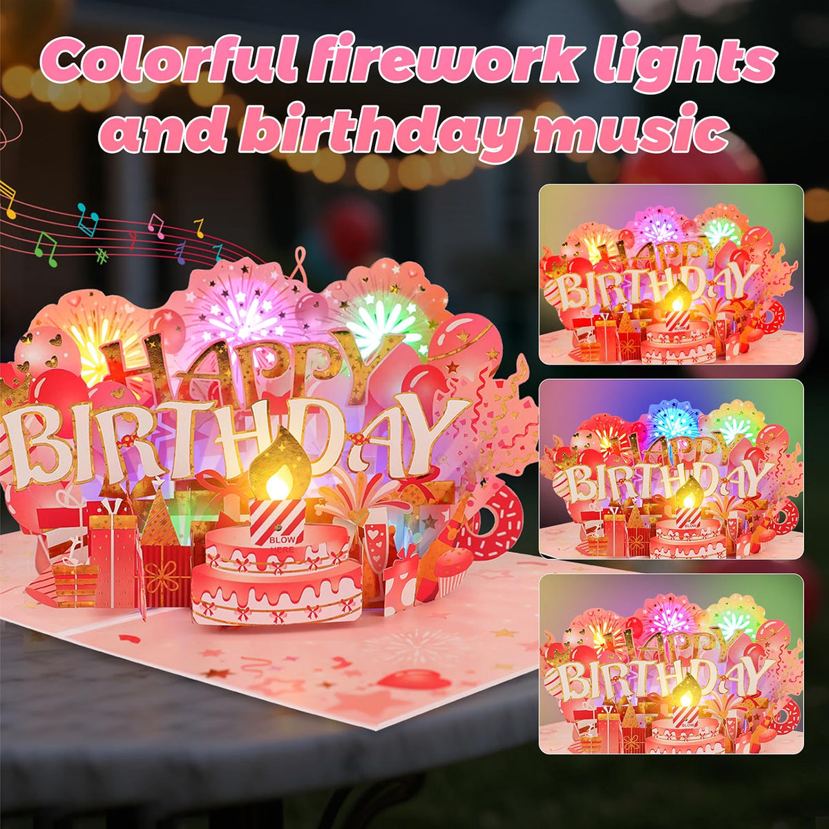 Fireworks & Cake Blow-to-Celebrate Music & Lights Pop-Up Birthday Card