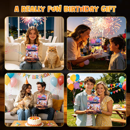 Cat Convertible Firework Shaking Music & Lights Pop-Up Birthday Card