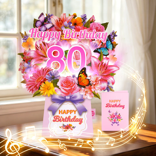 80th Lily Floral Bouquet Music & Lights Pop-Up Birthday Card