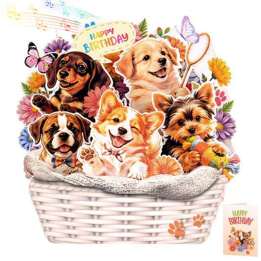 3D Dogs Bouquet Music & Lights Pop-Up Birthday Card