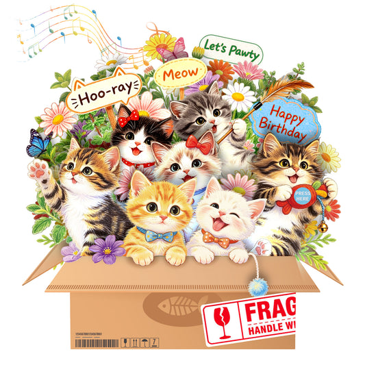 3D Kitten Box Music &amp; Lights Pop-Up Birthday Card